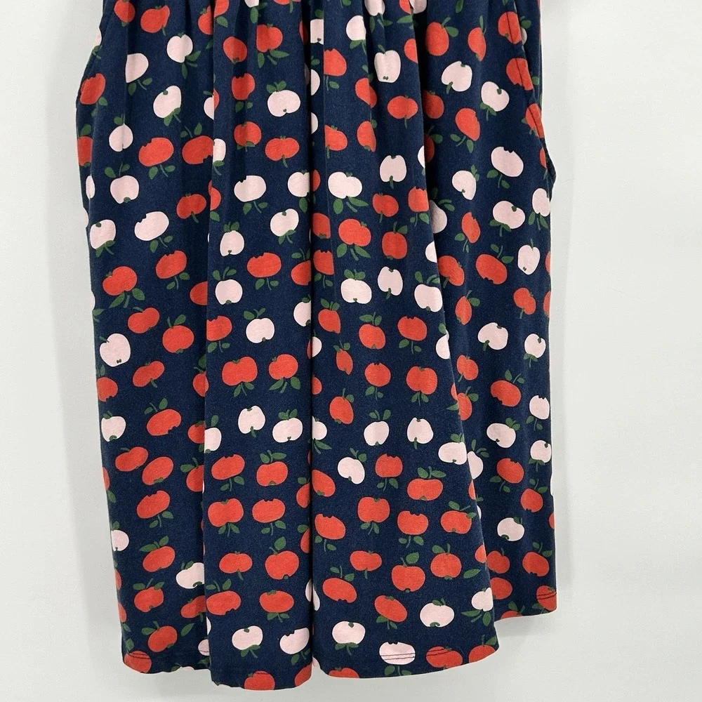 Hanna Andersson Twill Apple Print Skater Dress Size 12 150 cm Pockets Navy BLue